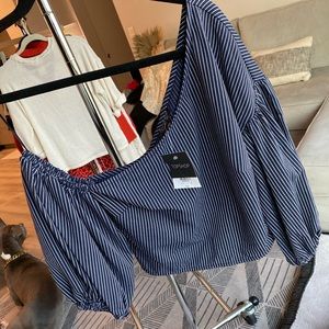Off the shoulder blue pin striped top